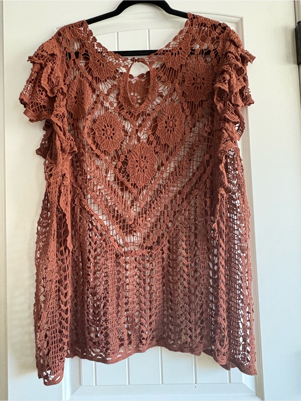 Rust Crochet Flutter Sleeve Tunic - Picture 2 of 3